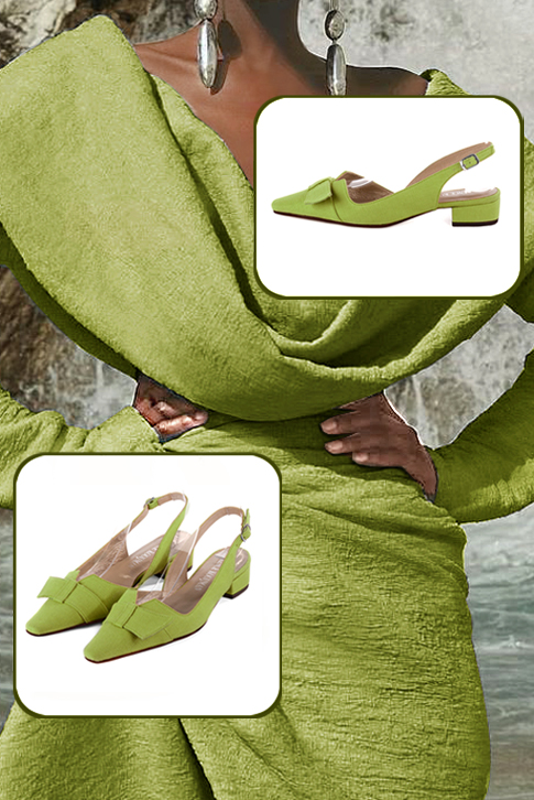 Women's grass green elegant slingback heels, with a bow on the front. Tapered toe. Low block heels - Top view